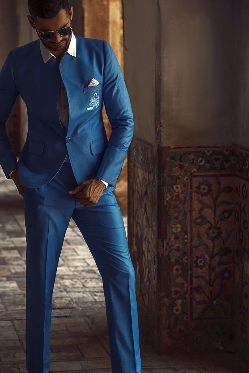 Sky Blue Embroidered Suiting Prince Coat (2-Piece) - Image 1