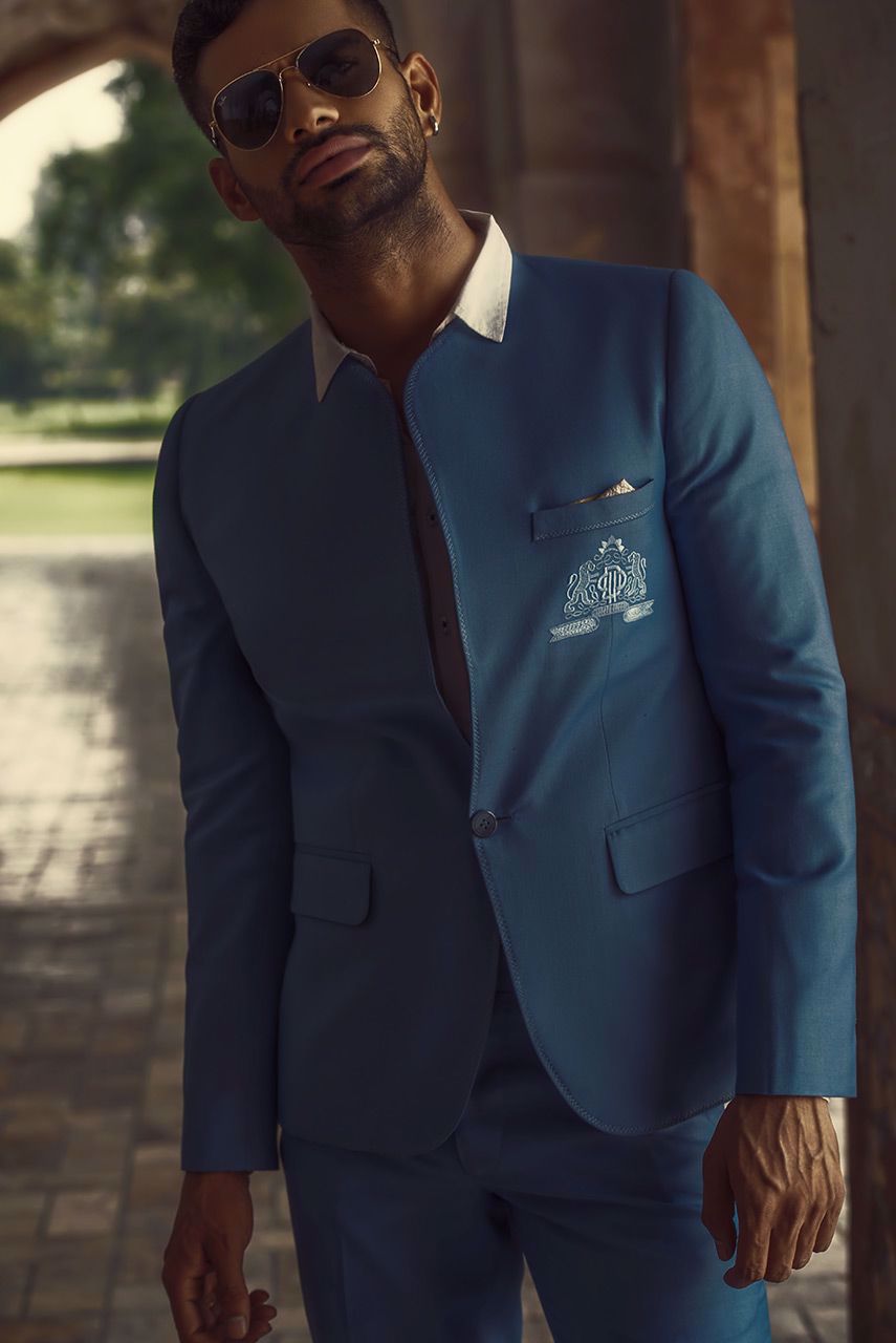 Sky Blue Embroidered Suiting Prince Coat (2-Piece) - Image 3