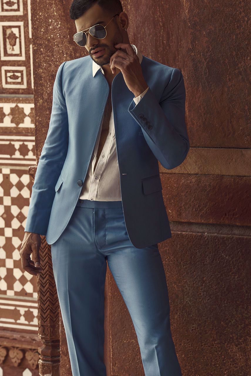 Sky Blue Embroidered Suiting Prince Coat (2-Piece) - Image 4