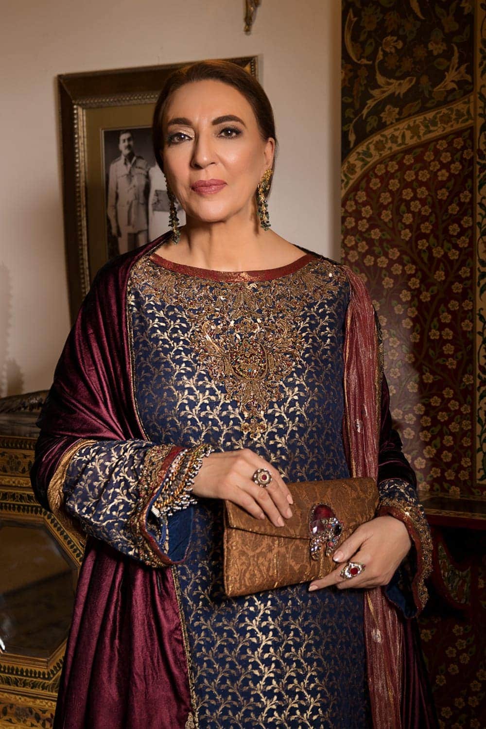 Deep Sapphire Blue Zardozi Banarsi Chiffon Salwar Kameez (3-Piece) - Image 2