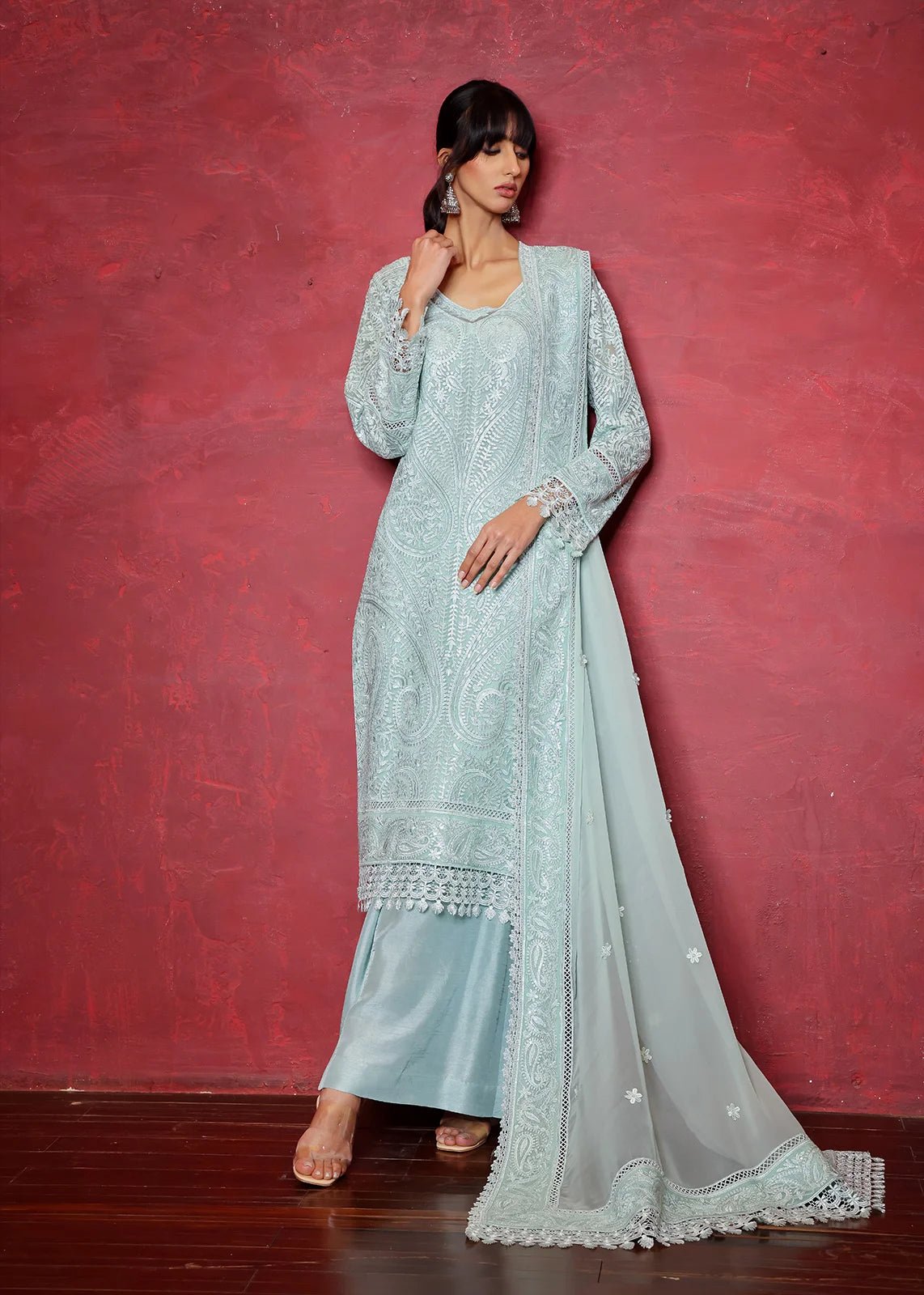 Aqua Chikan Embroidered Chiffon Kurta & Dupatta (2-Piece) - Image 1