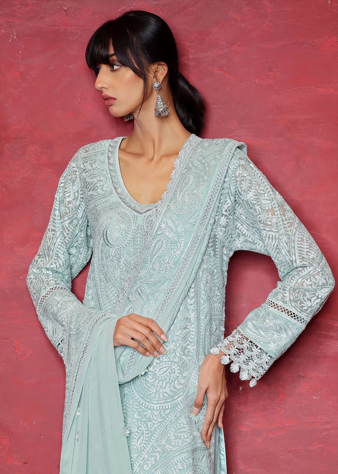 Aqua Chikan Embroidered Chiffon Kurta & Dupatta (2-Piece) - Image 3