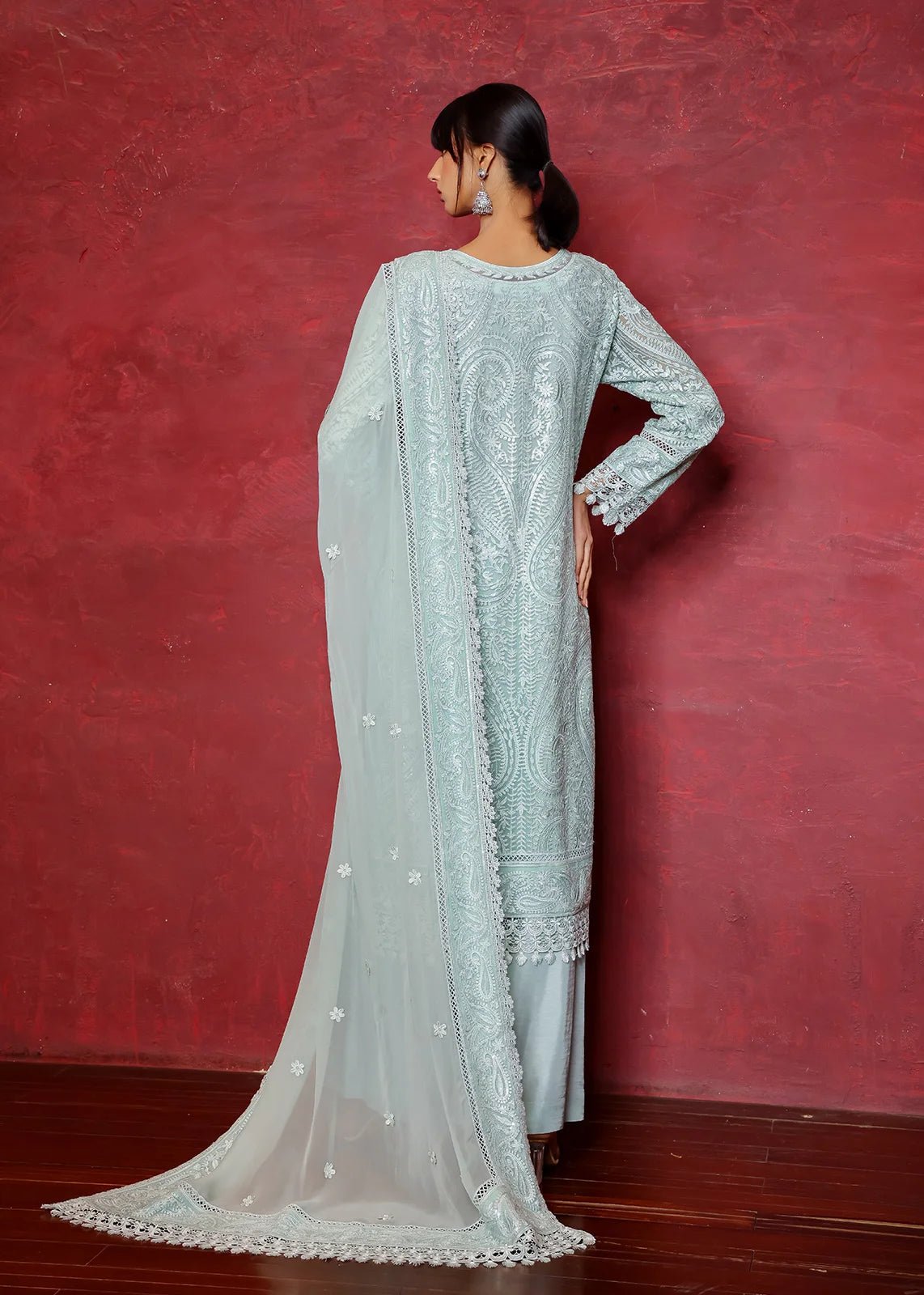 Aqua Chikan Embroidered Chiffon Kurta & Dupatta (2-Piece) - Image 4
