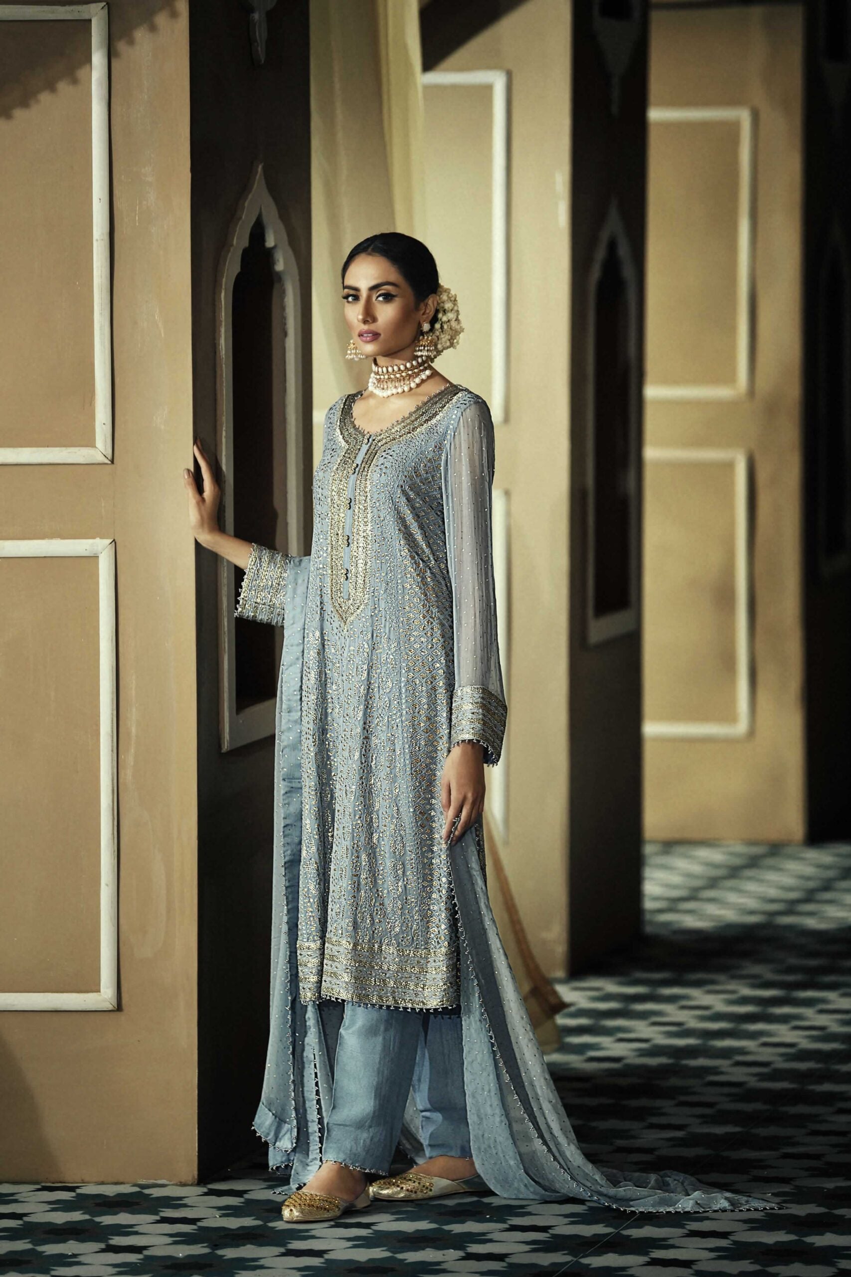Pakistani Powder Blue Chiffon Chikankari Salwar Kameez (3-Piece) - Image 1