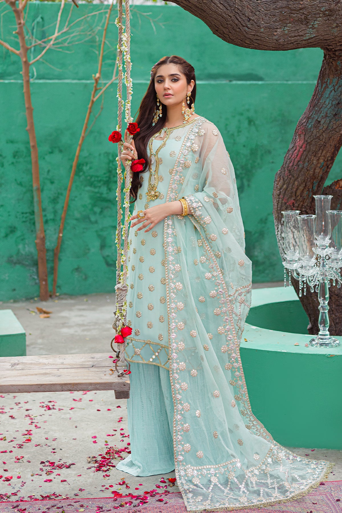 Sky Blue Embroidered Chiffon Crush Salwar Kameez (3-Piece) - Image 1