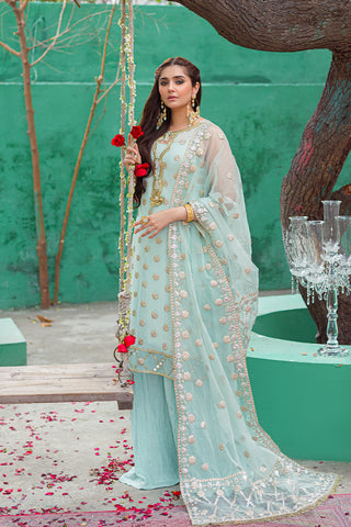 Sky Blue Embroidered Chiffon Crush Salwar Kameez (3-Piece) - Image 2