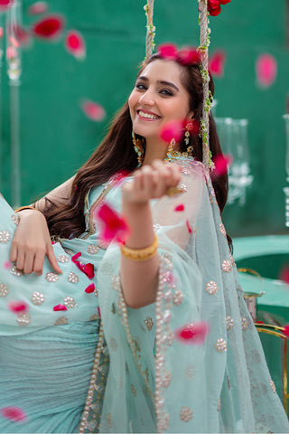 Sky Blue Embroidered Chiffon Crush Salwar Kameez (3-Piece) - Image 4