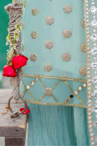 Sky Blue Embroidered Chiffon Crush Salwar Kameez (3-Piece) - Image 7