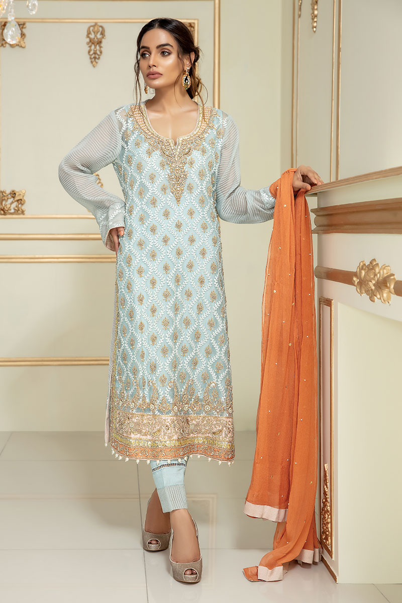 Pakistani Light Blue Dabka Embroidered Long Shirt (3-Piece) - Image 1