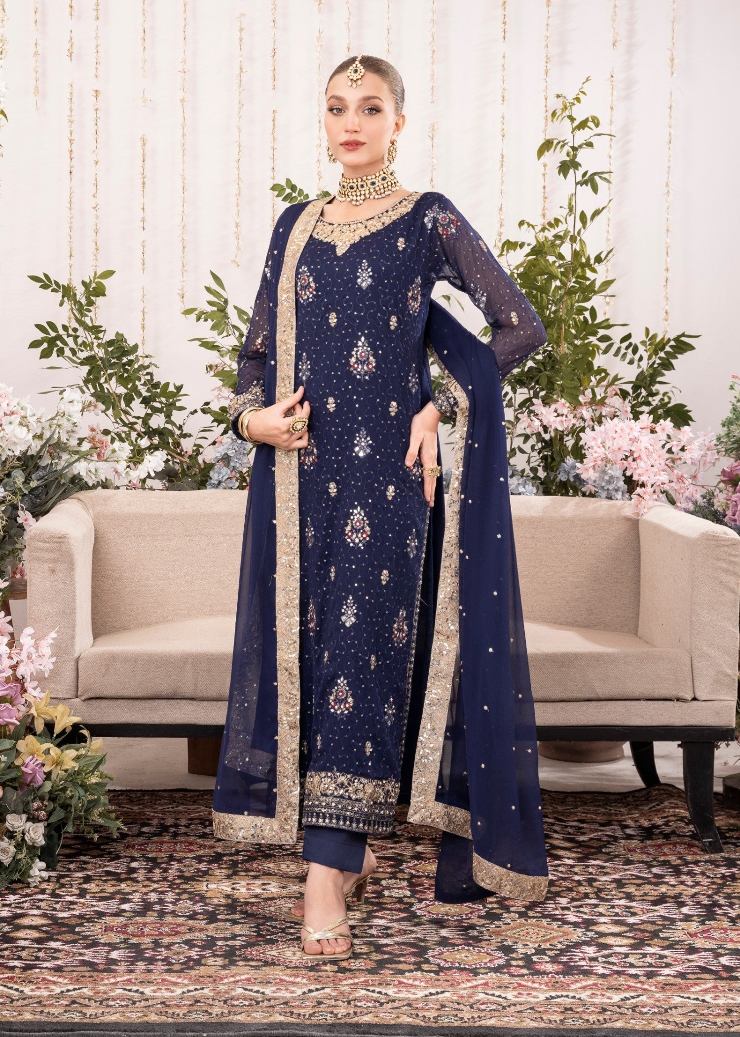 Dark Blue Embroidered Chiffon Kurta Set (3-Piece) - Image 1