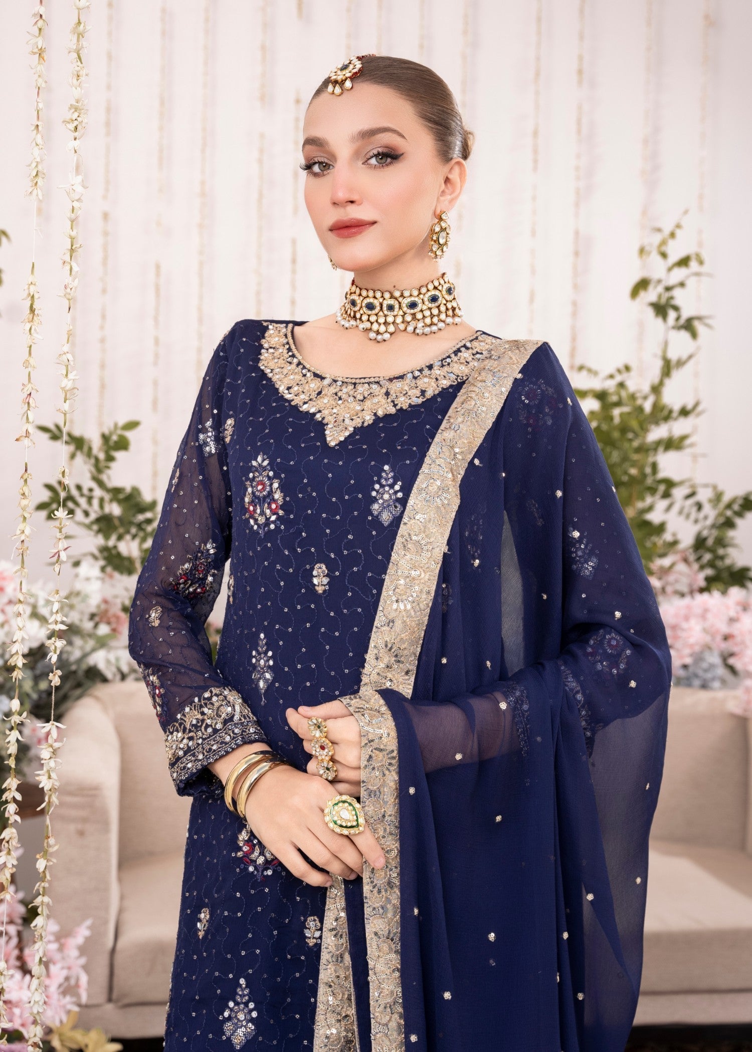 Dark Blue Embroidered Chiffon Kurta Set (3-Piece) - Image 2