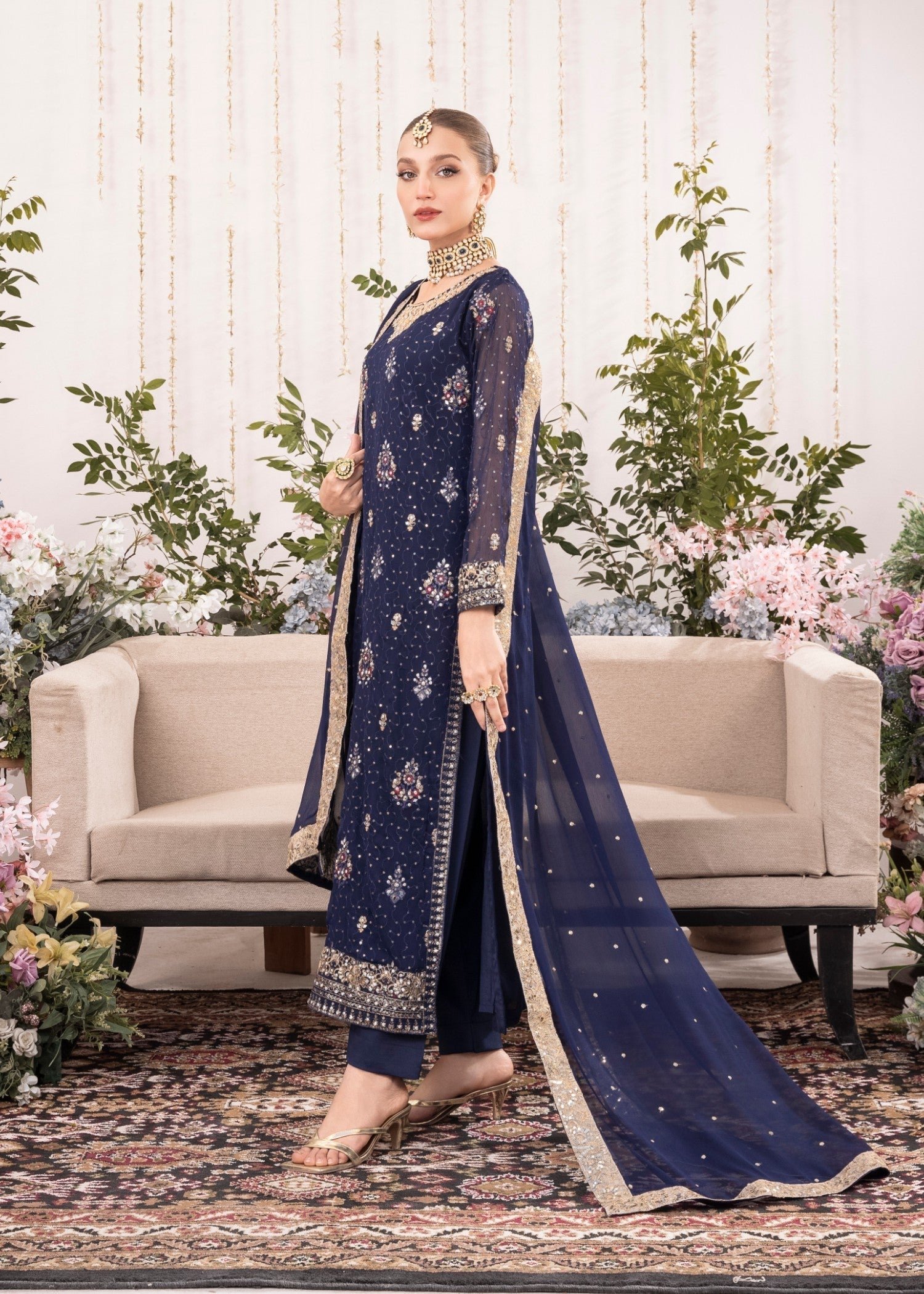 Dark Blue Embroidered Chiffon Kurta Set (3-Piece) - Image 3