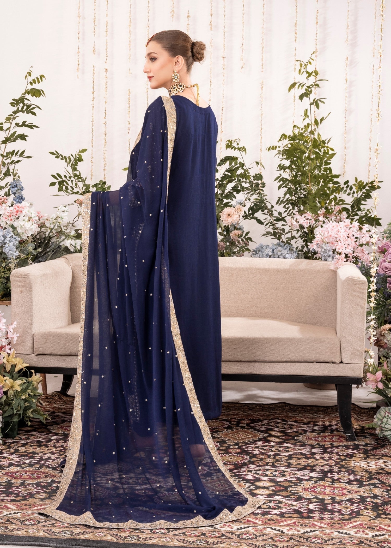 Dark Blue Embroidered Chiffon Kurta Set (3-Piece) - Image 4