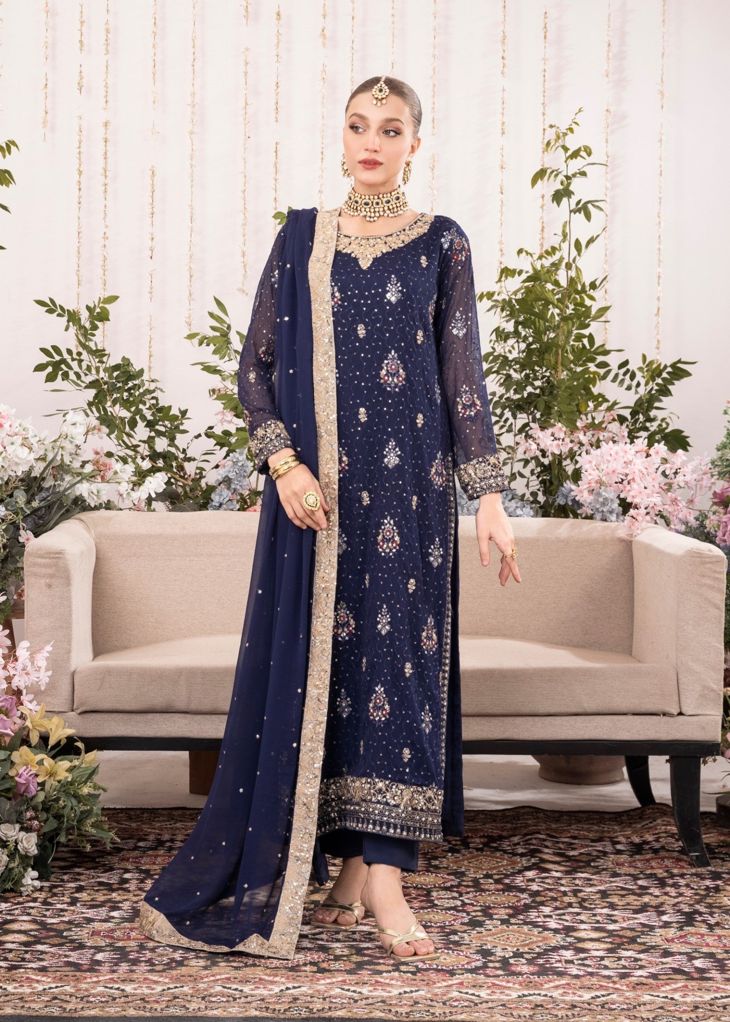 Dark Blue Embroidered Chiffon Kurta Set (3-Piece) - Image 5
