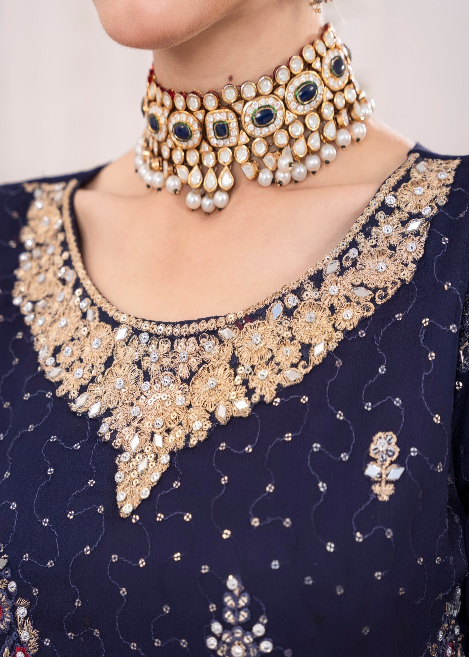 Dark Blue Embroidered Chiffon Kurta Set (3-Piece) - Image 7