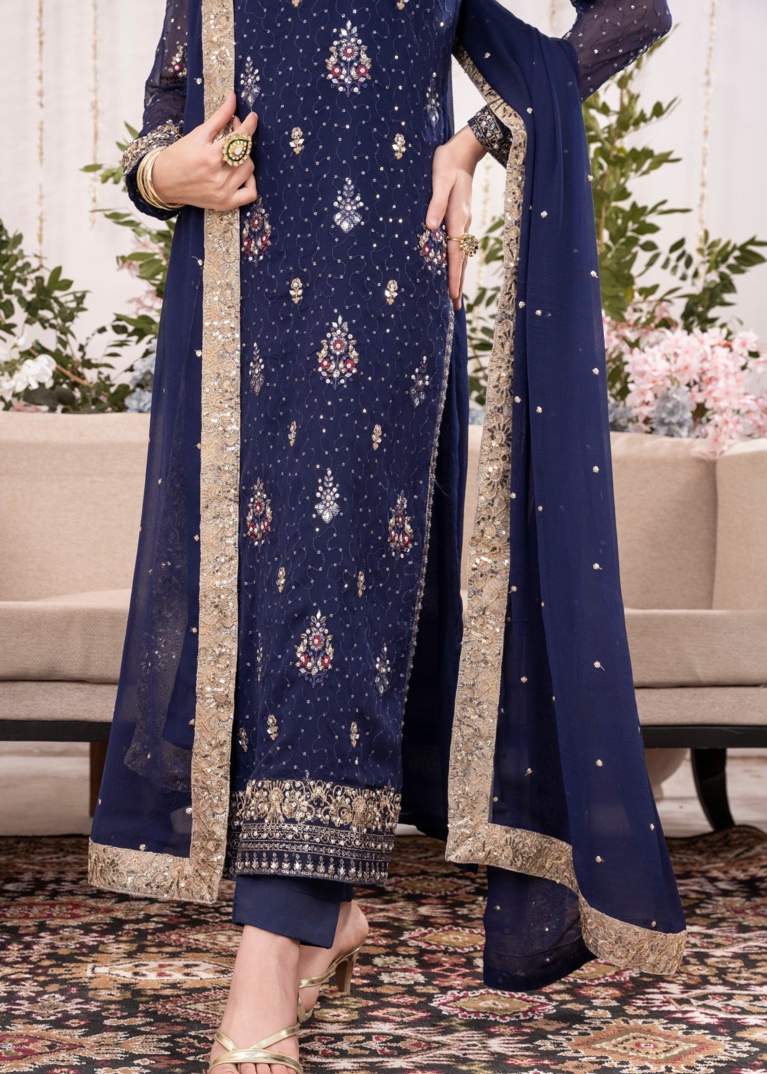 Dark Blue Embroidered Chiffon Kurta Set (3-Piece) - Image 8