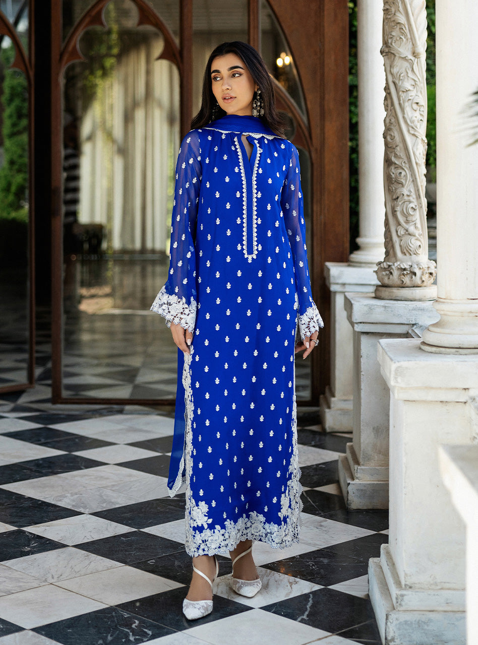 Pakistani Cobalt Blue Embroidered Chiffon Salwar Kameez (3-Piece) - Image 1