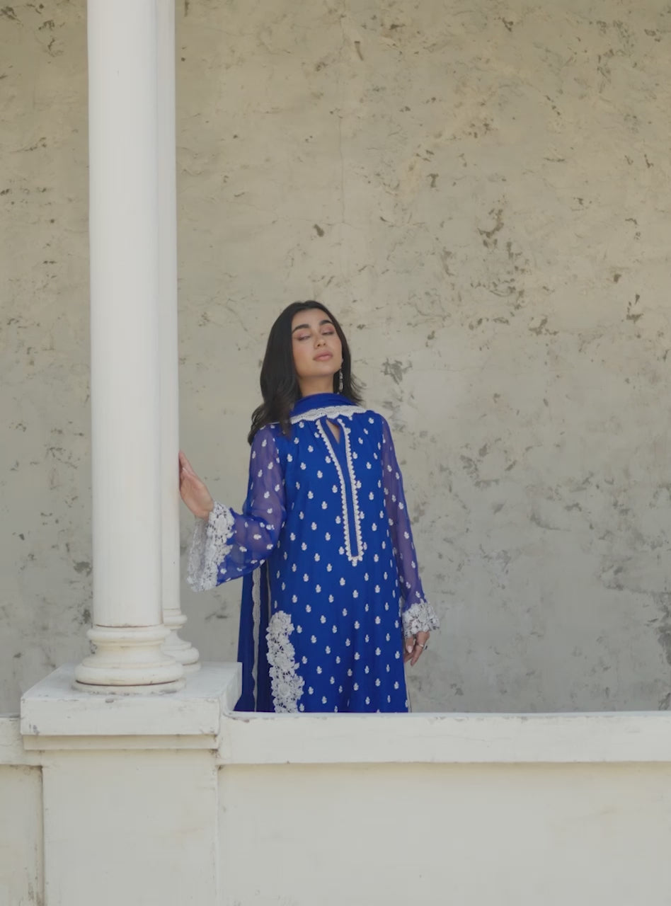 Pakistani Cobalt Blue Embroidered Chiffon Salwar Kameez (3-Piece) - Image 6