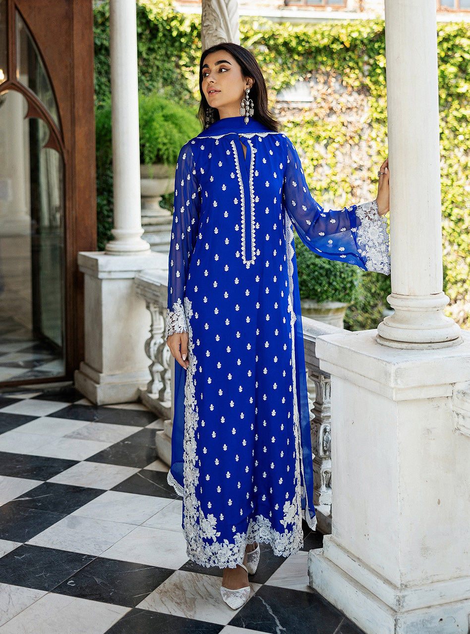 Cobalt Blue Embroidered Chiffon Salwar Kameez (3-Piece) - Image 4