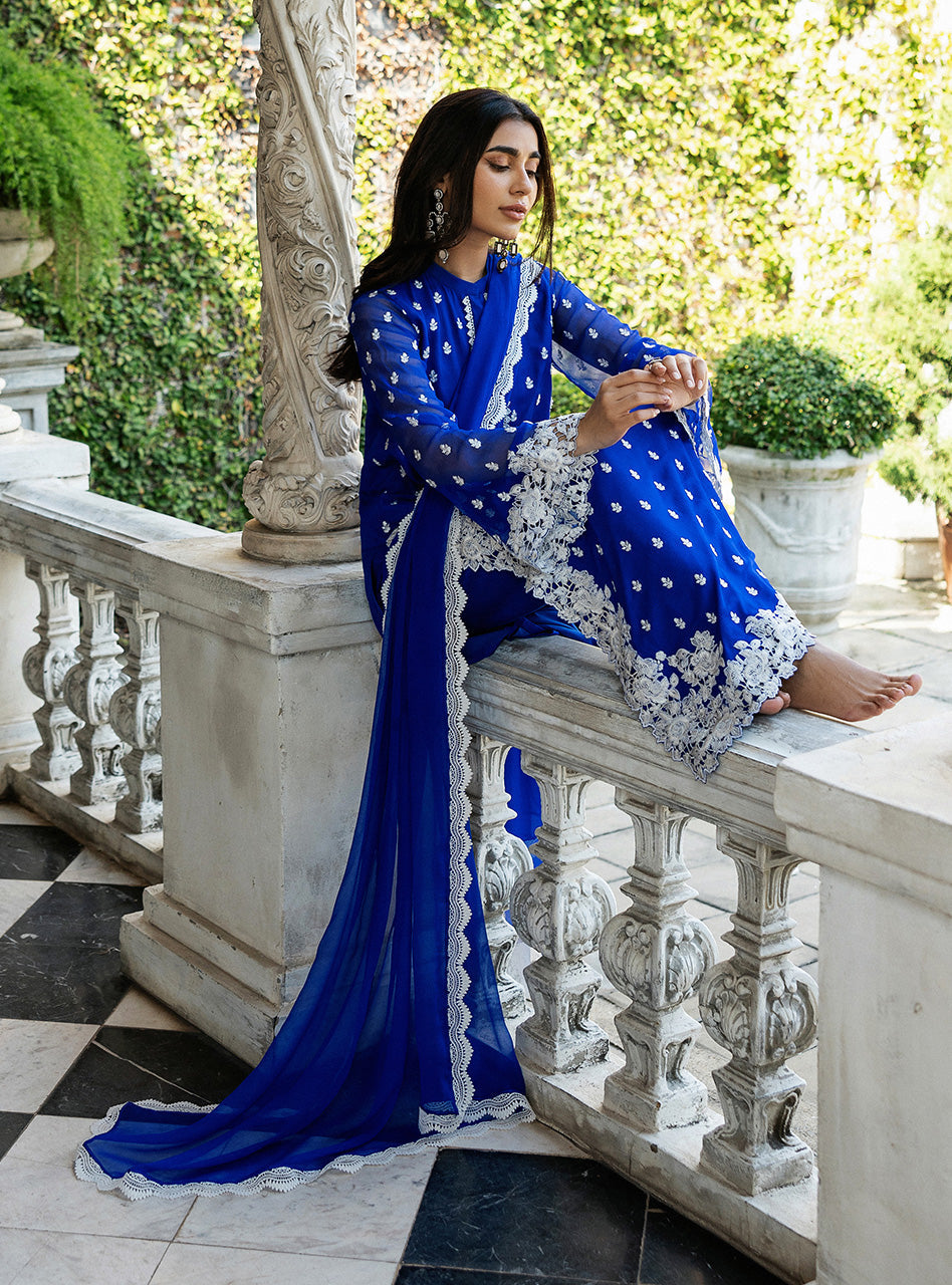 Cobalt Blue Embroidered Chiffon Salwar Kameez (3-Piece) - Image 7