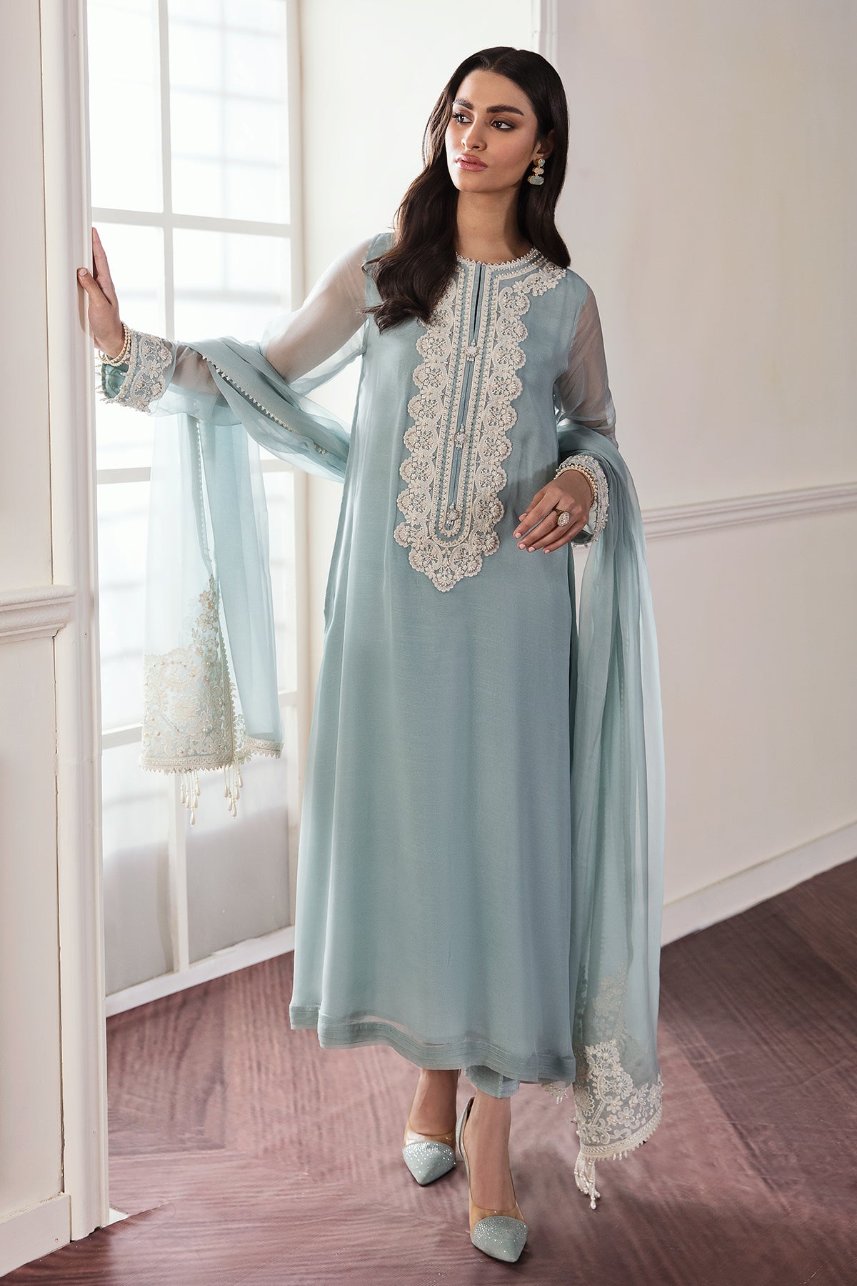 Powder Blue Embroidered Chiffon Salwar Kameez (3-Piece) - Image 1