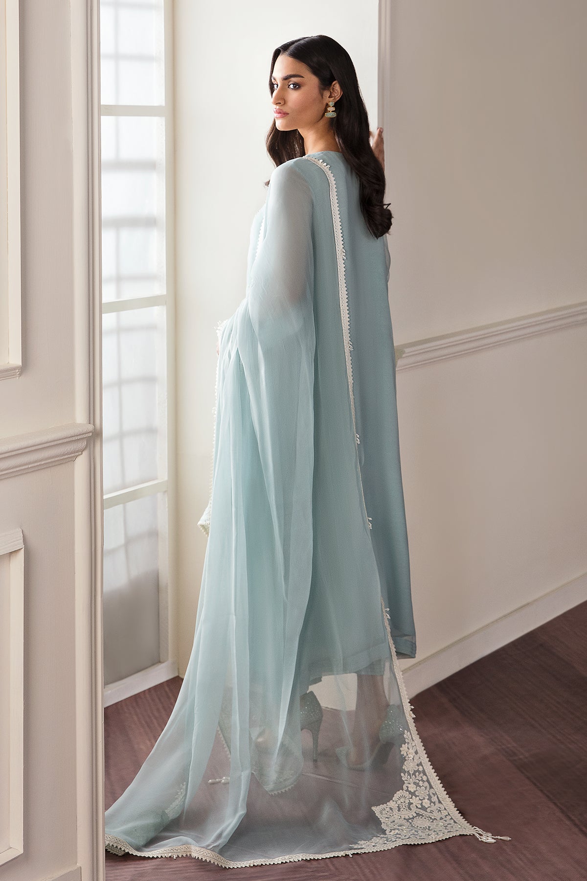 Powder Blue Embroidered Chiffon Salwar Kameez (3-Piece) - Image 2