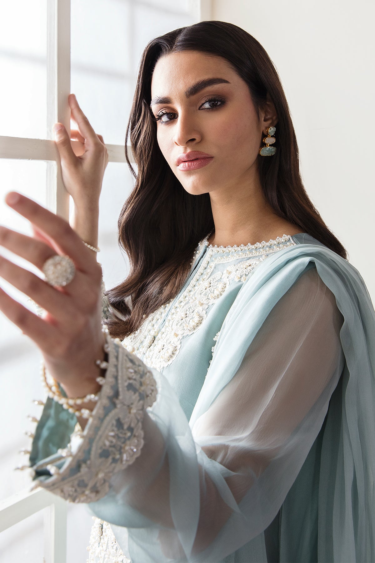 Powder Blue Embroidered Chiffon Salwar Kameez (3-Piece) - Image 3