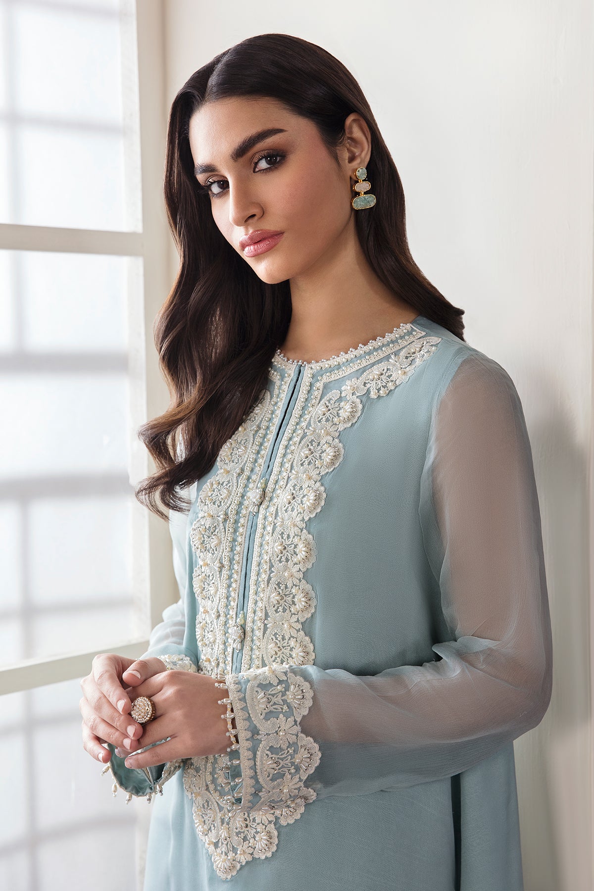 Powder Blue Embroidered Chiffon Salwar Kameez (3-Piece) - Image 6