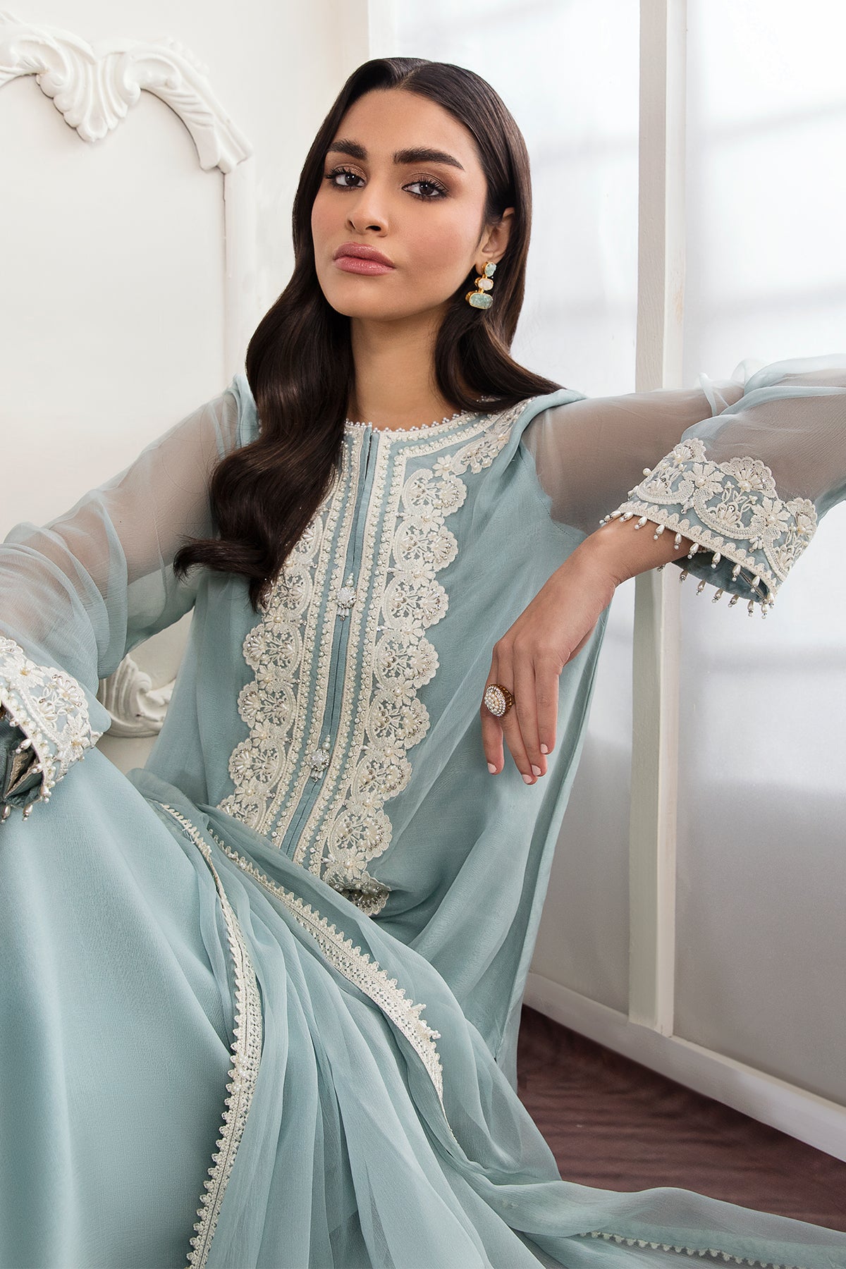 Powder Blue Embroidered Chiffon Salwar Kameez (3-Piece) - Image 7