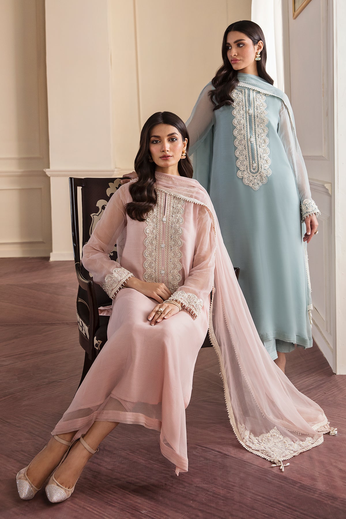 Powder Blue Embroidered Chiffon Salwar Kameez (3-Piece) - Image 8