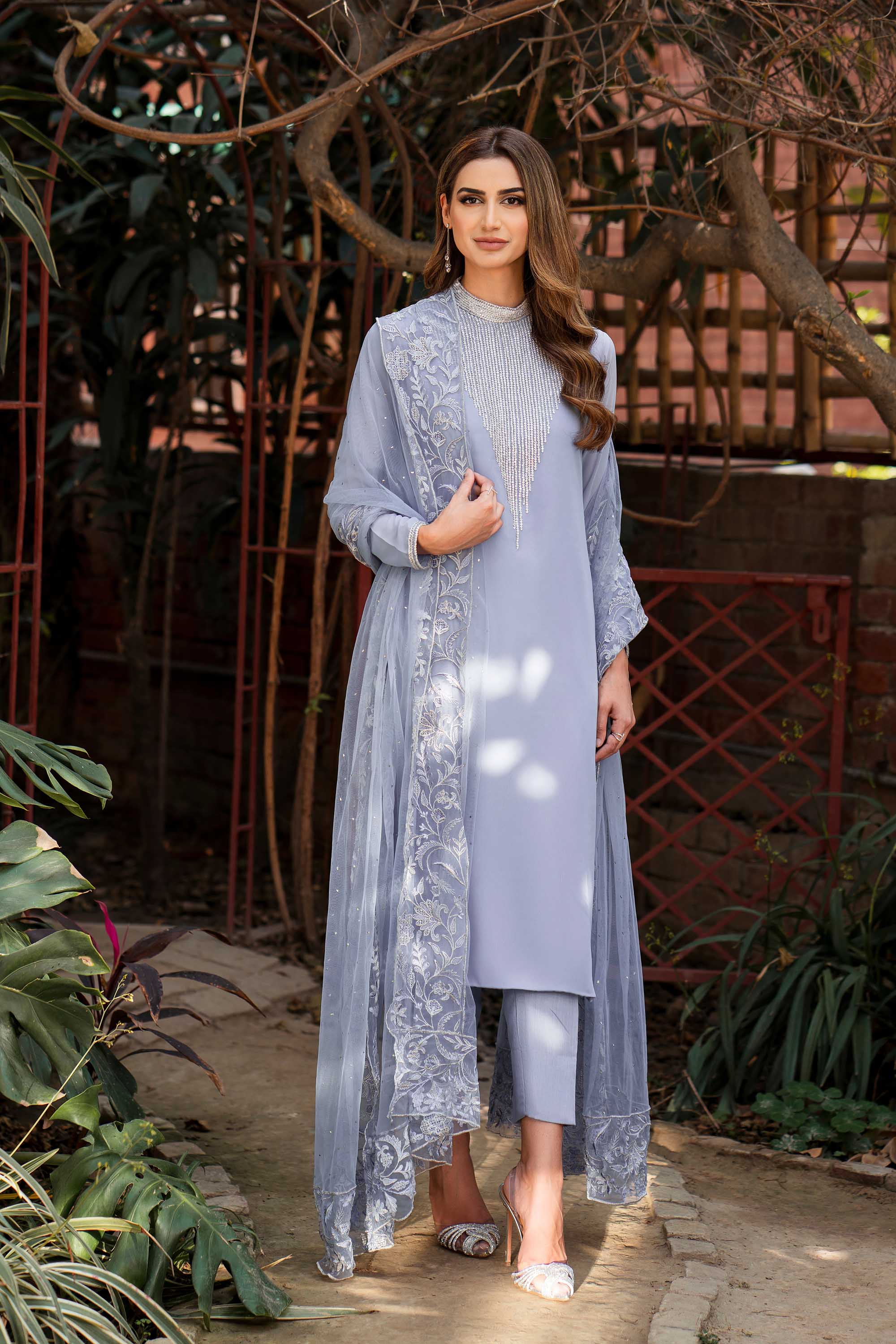 Pakistani Cornflower Blue Crystal Embellished Chiffon-Georgette Salwar Kameez (3-Piece) - Image 3
