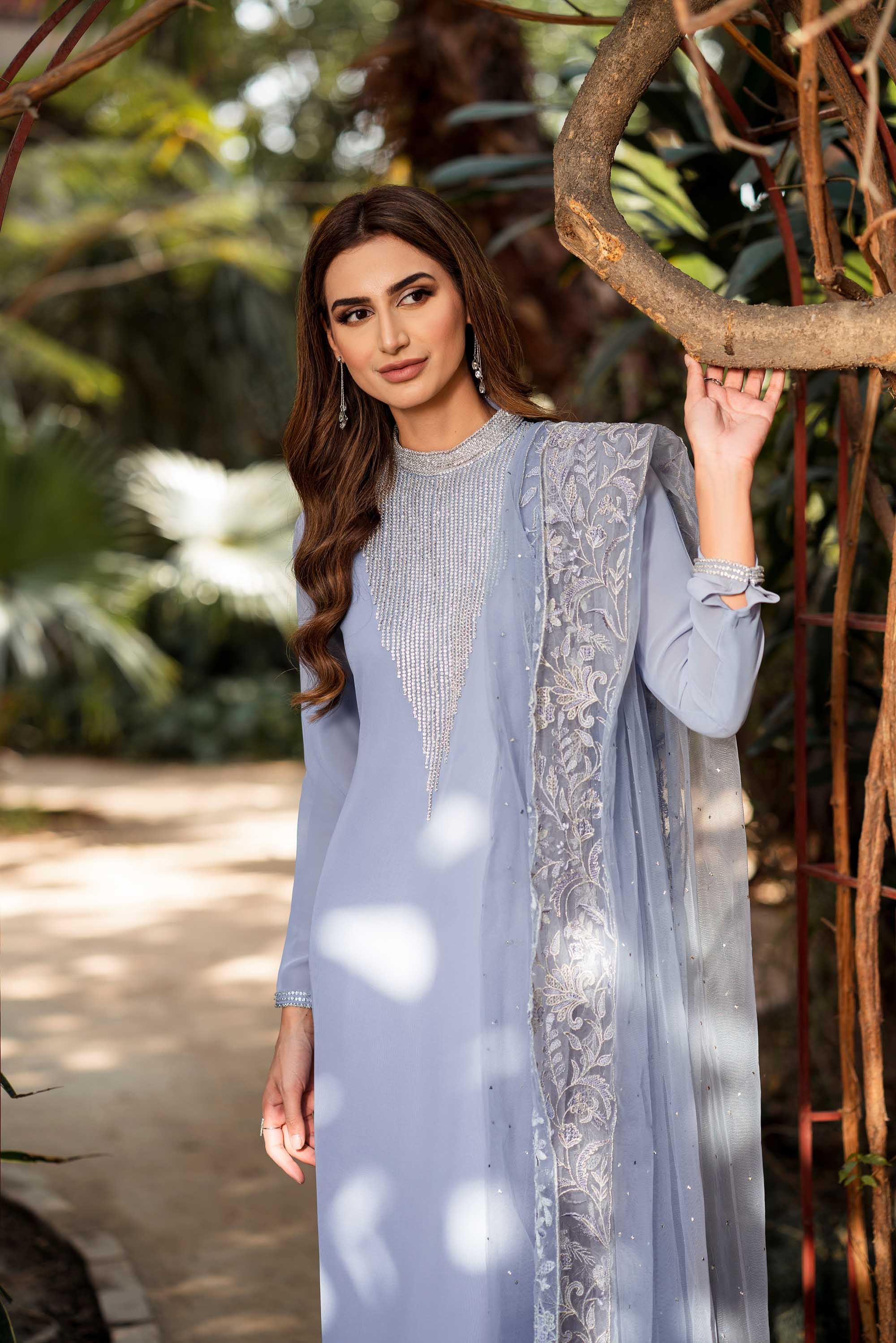 Pakistani Cornflower Blue Crystal Embellished Chiffon-Georgette Salwar Kameez (3-Piece) - Image 4