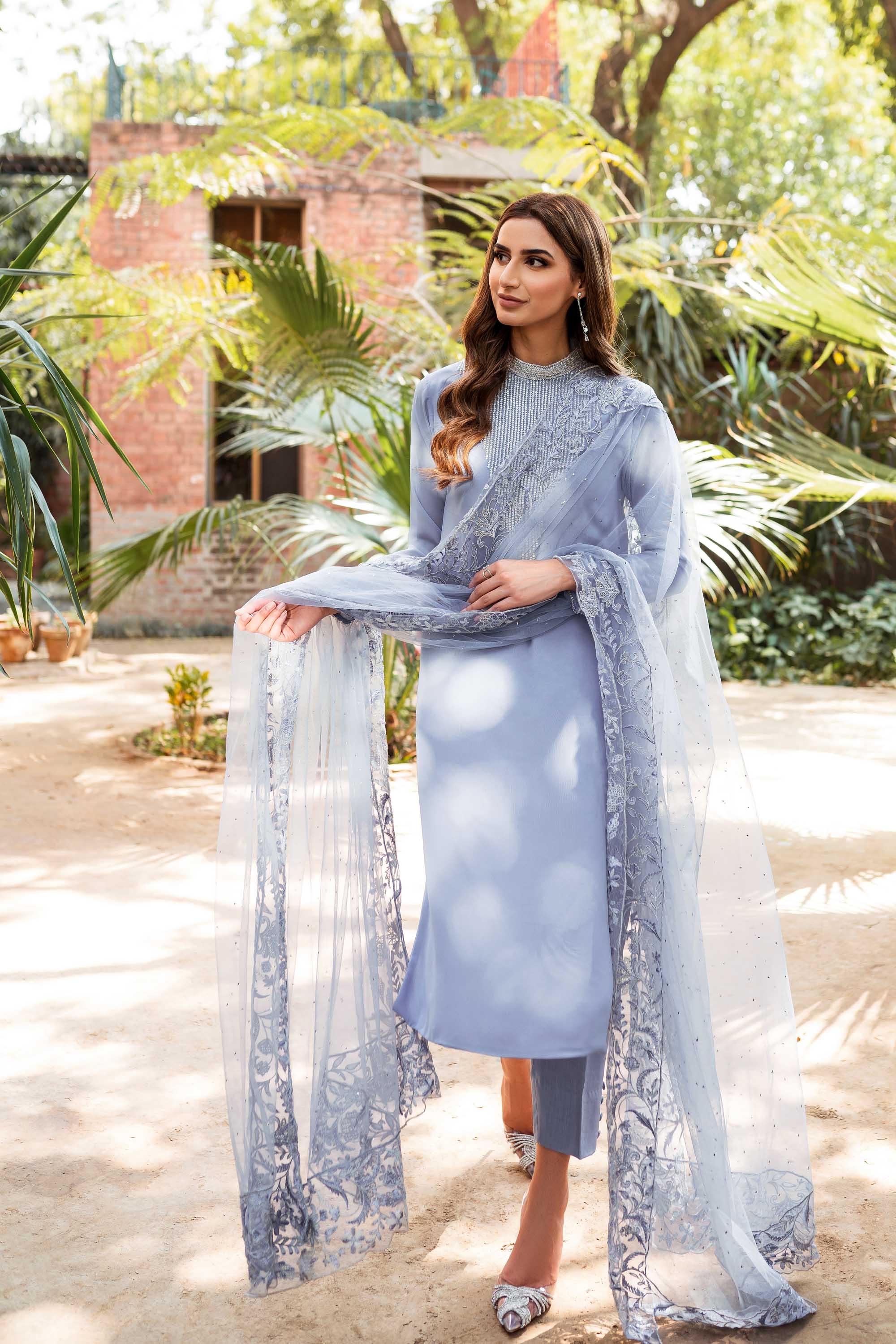 Pakistani Cornflower Blue Crystal Embellished Chiffon-Georgette Salwar Kameez (3-Piece) - Image 5