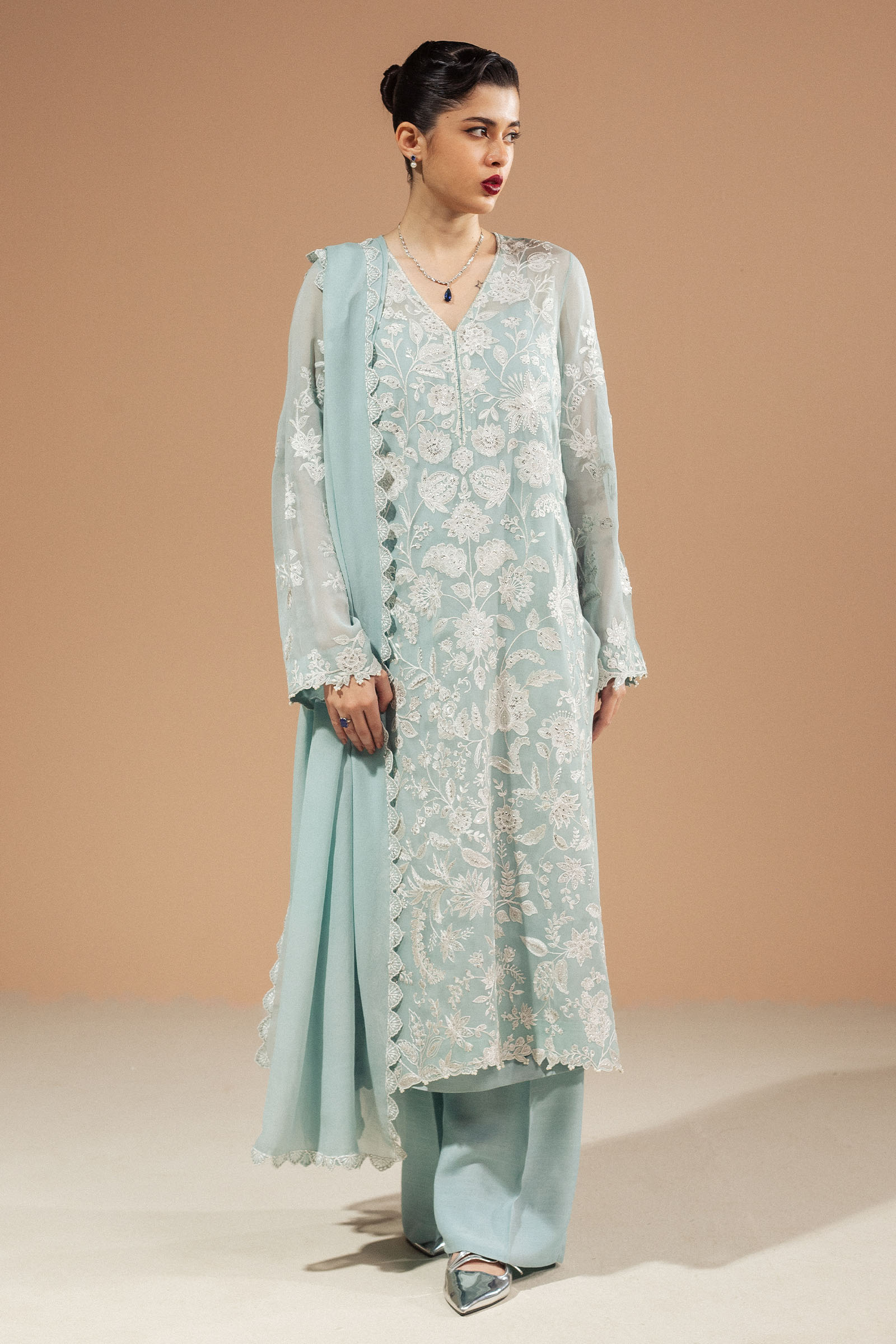 Pakistani Aqua Embroidered Chiffon Georgette Salwar Kameez (3-Piece) - Image 1