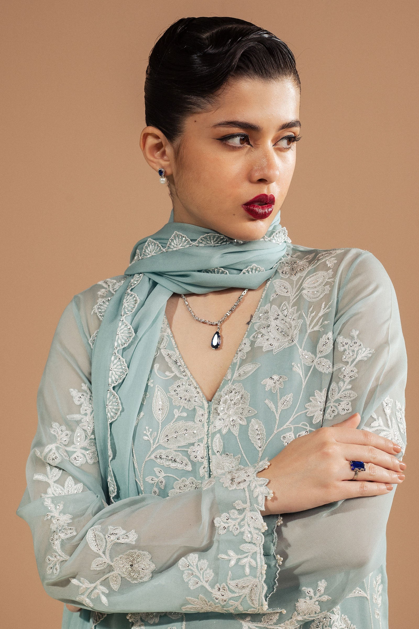 Pakistani Aqua Embroidered Chiffon Georgette Salwar Kameez (3-Piece) - Image 2