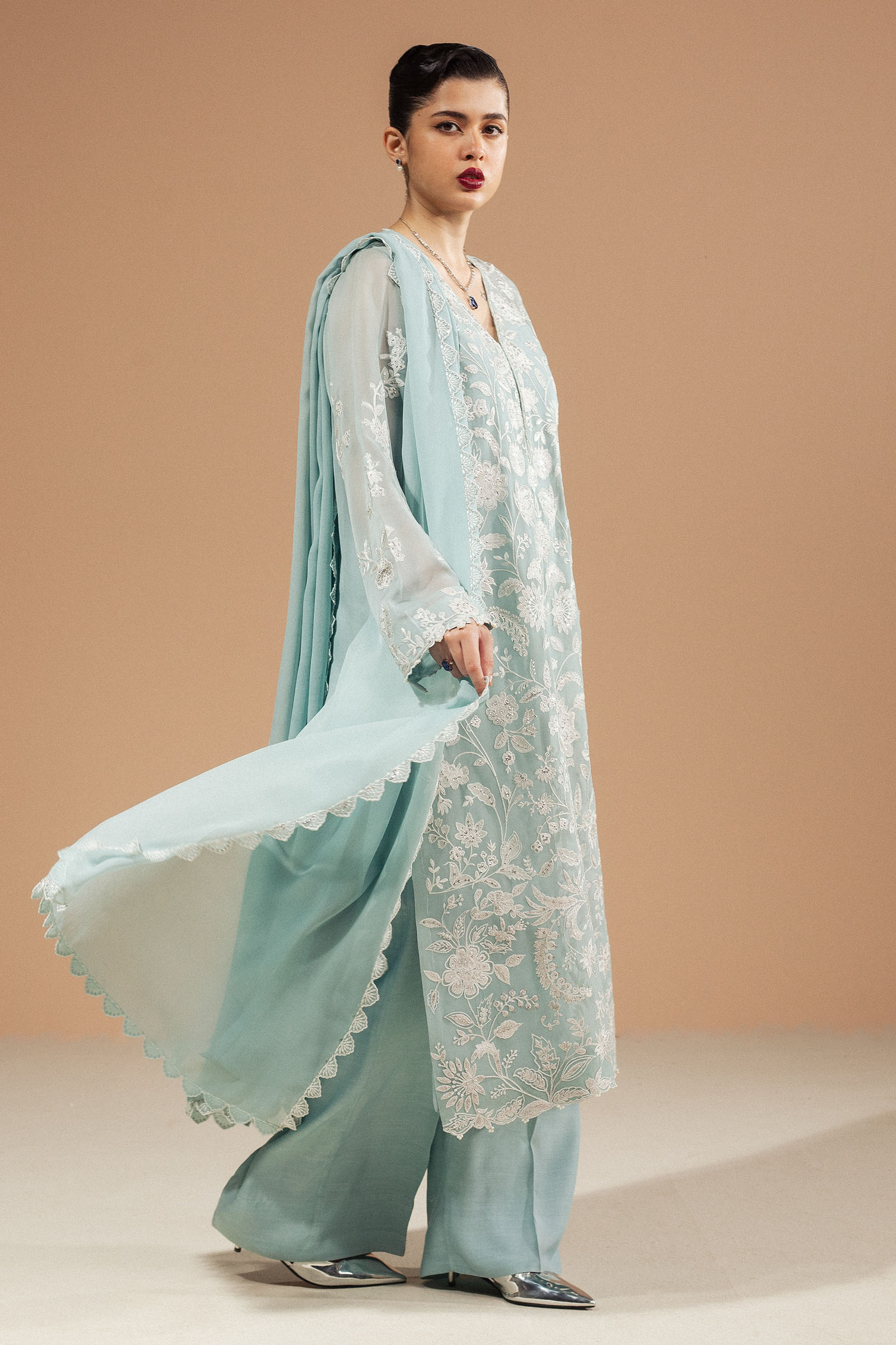 Pakistani Aqua Embroidered Chiffon Georgette Salwar Kameez (3-Piece) - Image 3