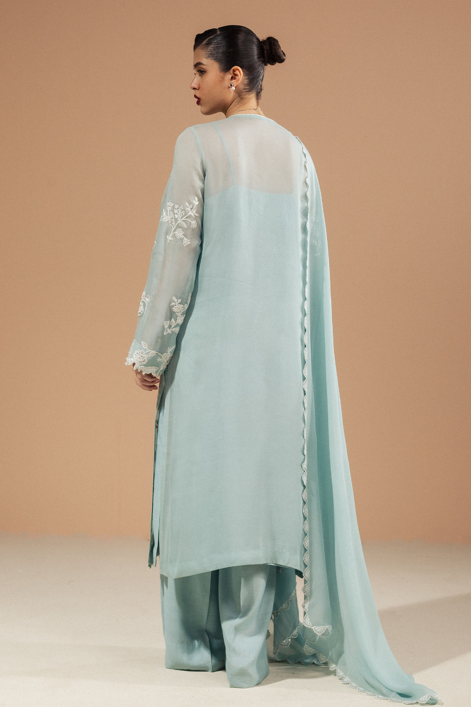 Pakistani Aqua Embroidered Chiffon Georgette Salwar Kameez (3-Piece) - Image 4