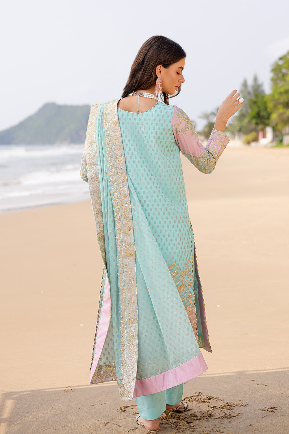 Aqua Embroidered Chiffon & Tissue 3-Piece Suit - Image 3