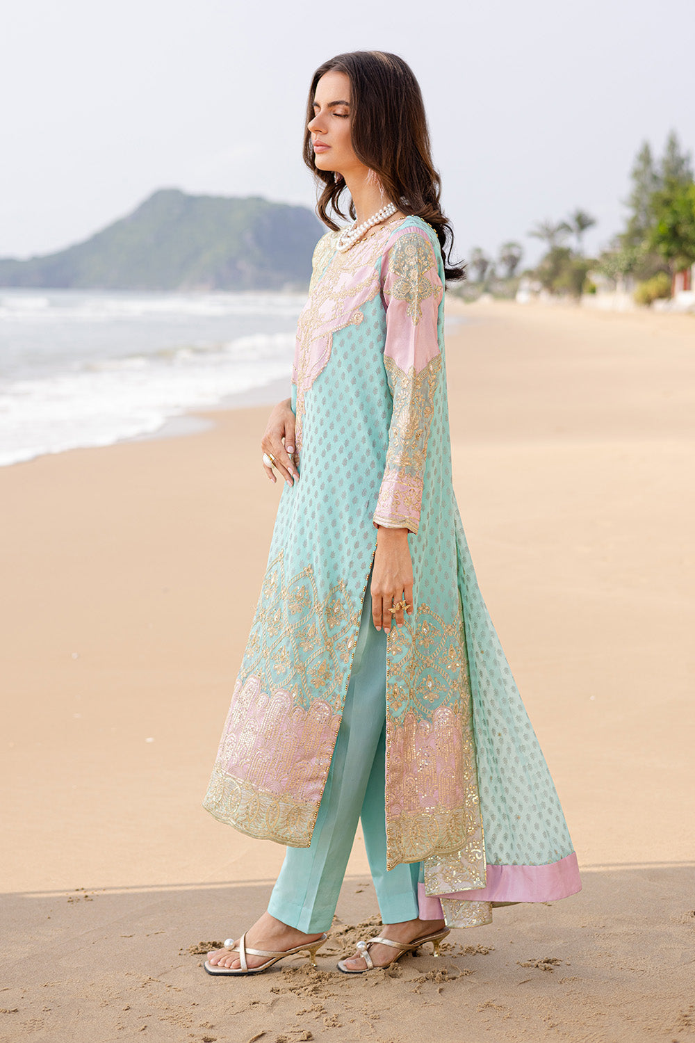 Aqua Embroidered Chiffon & Tissue 3-Piece Suit - Image 4