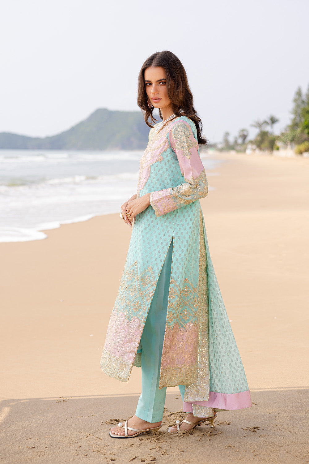 Aqua Embroidered Chiffon & Tissue 3-Piece Suit - Image 5