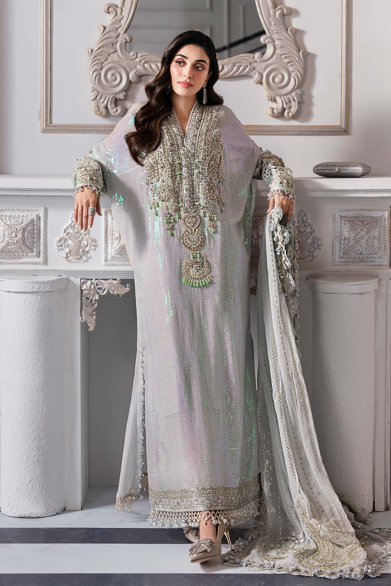 Ice Blue Embroidered Chiffon 3-Piece Suit - Image 8