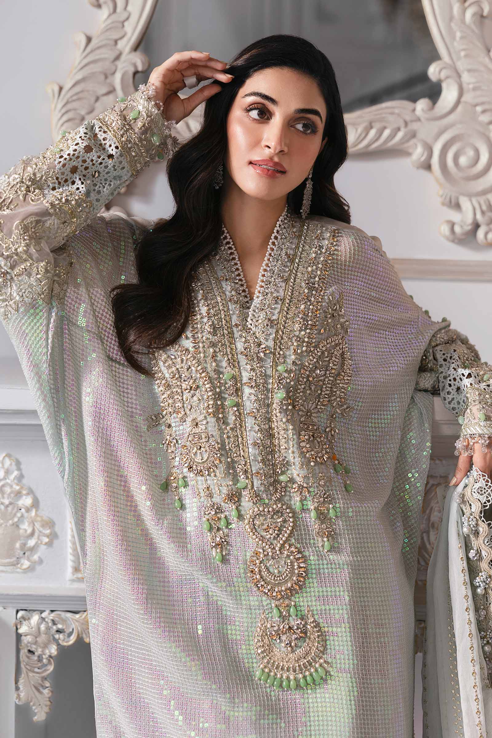 Ice Blue Embroidered Chiffon 3-Piece Suit - Image 9