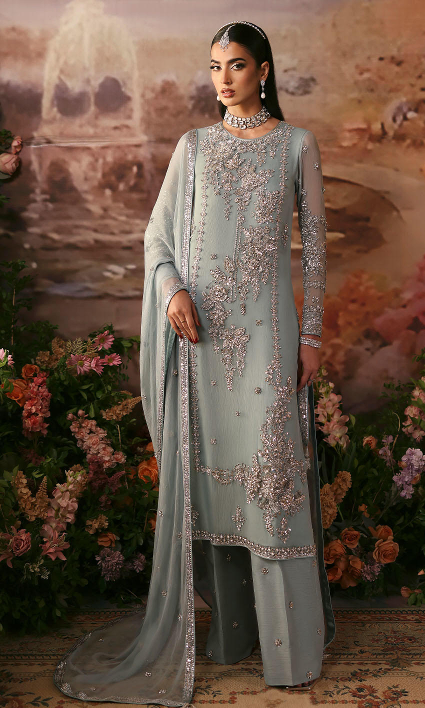 Powder Blue Handworked Chiffon Salwar Kameez (3-Piece) - Image 1