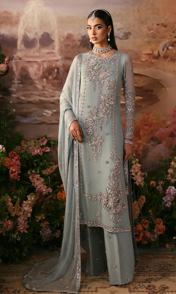 Powder Blue Handworked Chiffon Salwar Kameez (3-Piece) - Image 2