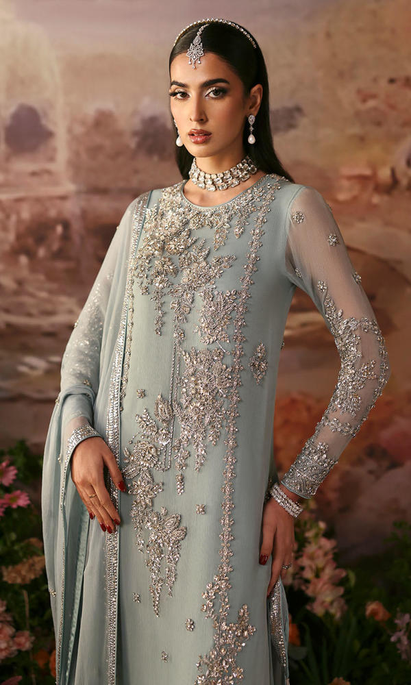 Powder Blue Handworked Chiffon Salwar Kameez (3-Piece) - Image 3