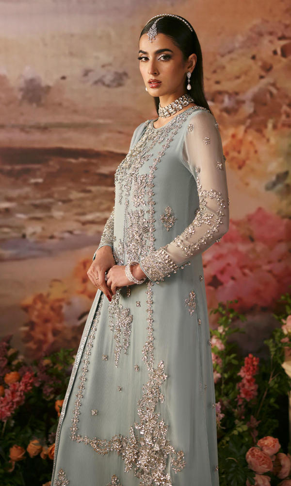 Powder Blue Handworked Chiffon Salwar Kameez (3-Piece) - Image 5