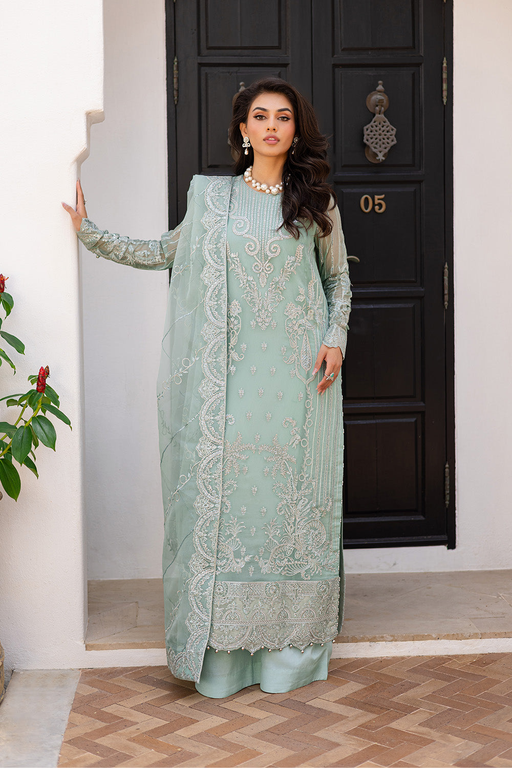 Turquoise Embroidered Chiffon & Organza 3-Piece Suit - Image 1