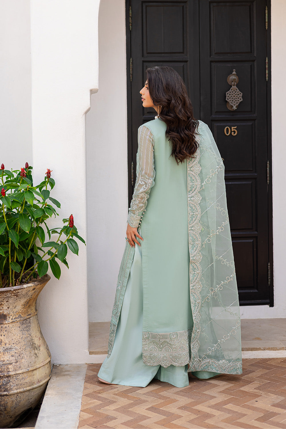 Turquoise Embroidered Chiffon & Organza 3-Piece Suit - Image 2