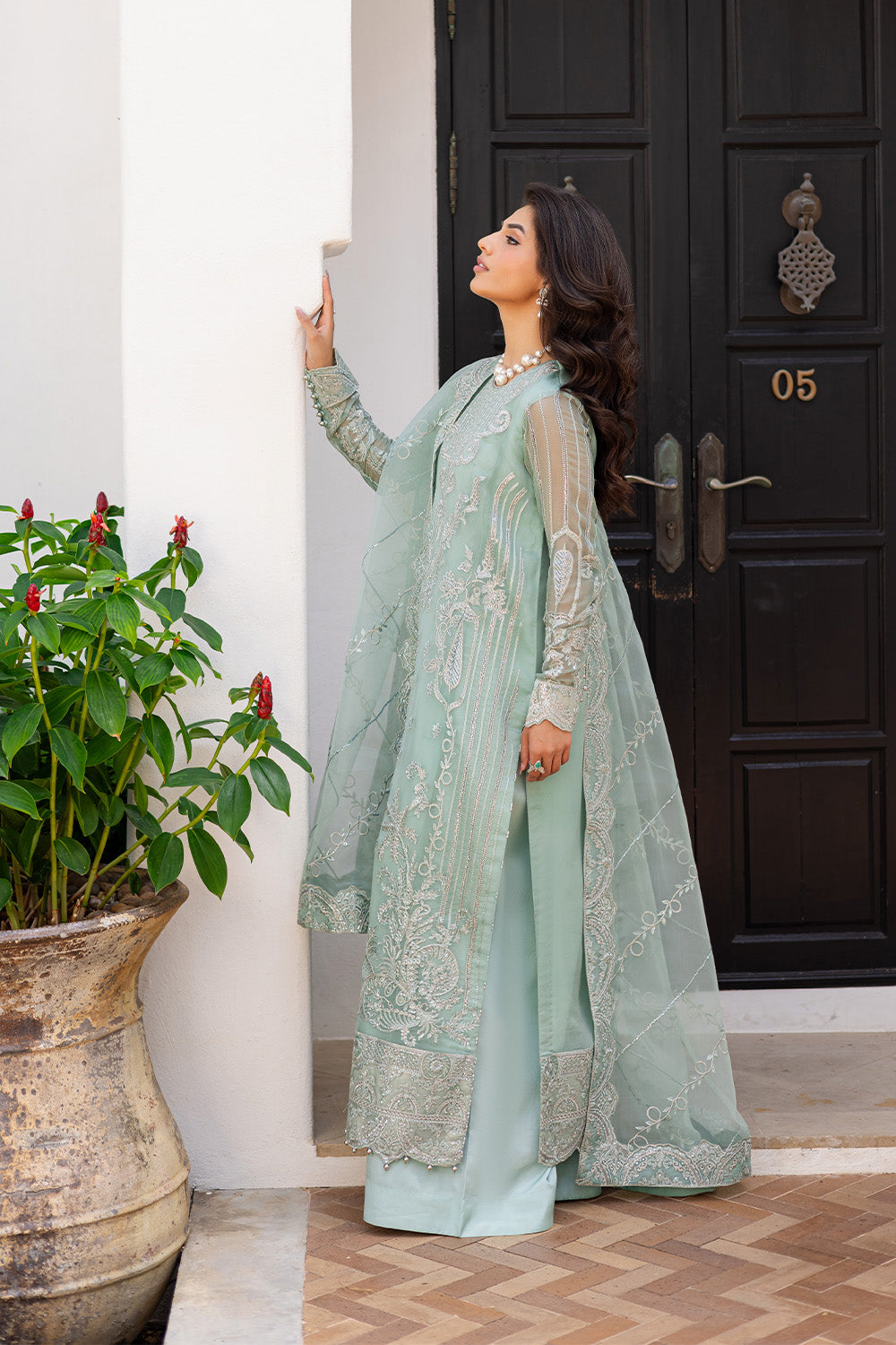 Turquoise Embroidered Chiffon & Organza 3-Piece Suit - Image 3