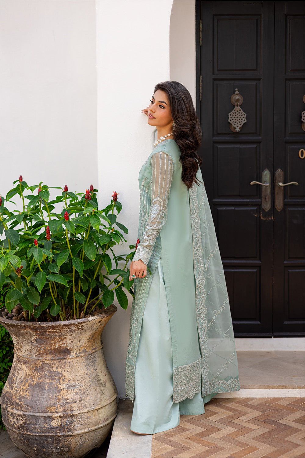 Turquoise Embroidered Chiffon & Organza 3-Piece Suit - Image 5